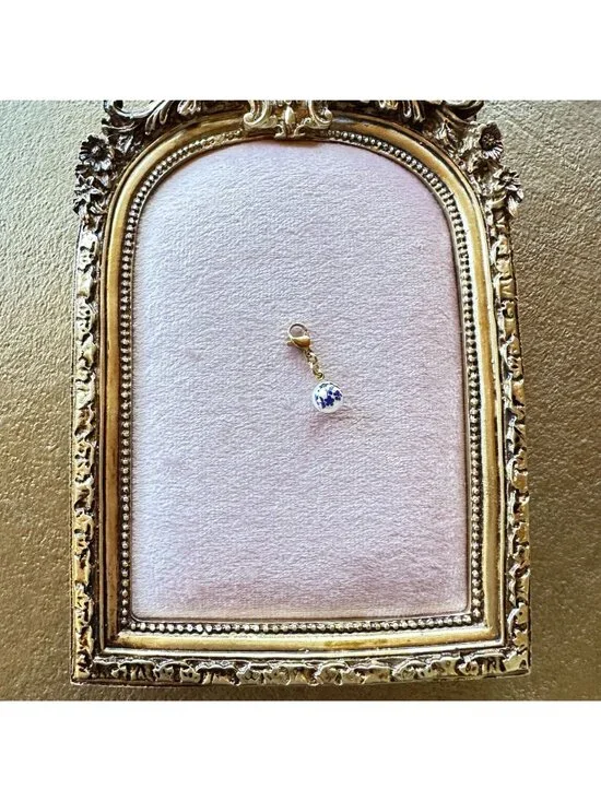 18K PVD Gold White Glass Bead Charm With Blue Floral Print & Gold Lobster Clasp - Picture 9 of 11